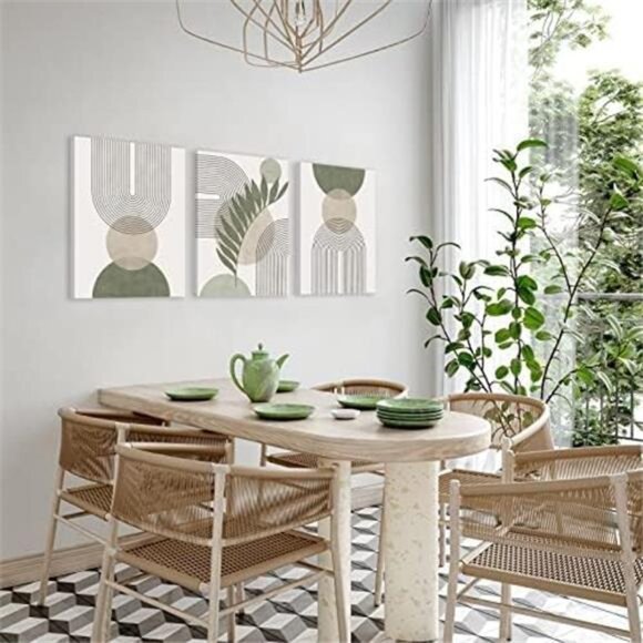 Sage Green Boho Wall Art Set of 3, Minimalist Framed Wall Art Geometric Line - Picture 5 of 8